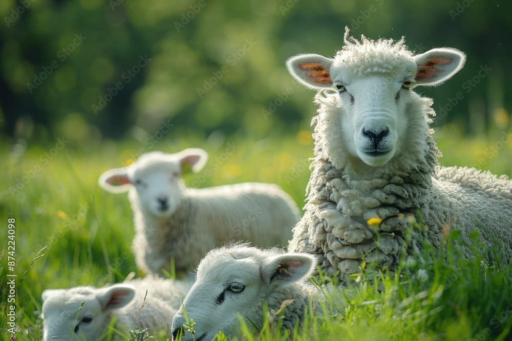 Obraz premium Springtime Grazing: Fluffy Sheep and Playful Lambs in a Lush Green Field