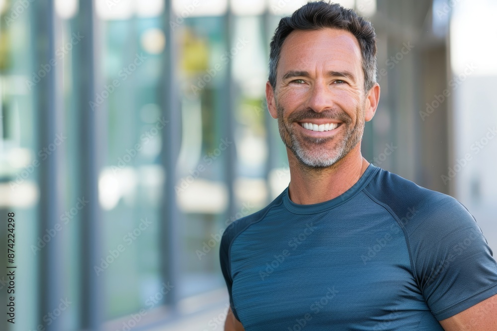 Portrait of a happy man in his 40s wearing a moisture-wicking running shirt over sophisticated corporate office background Portrait of a happy man in his 40s wearing a moisture-wicking running shirt over sophisticated corporate office background