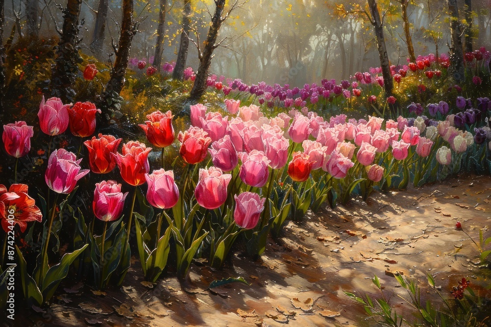 Fototapeta premium Tulip Symphony: A Vibrant Springtime Garden Scene