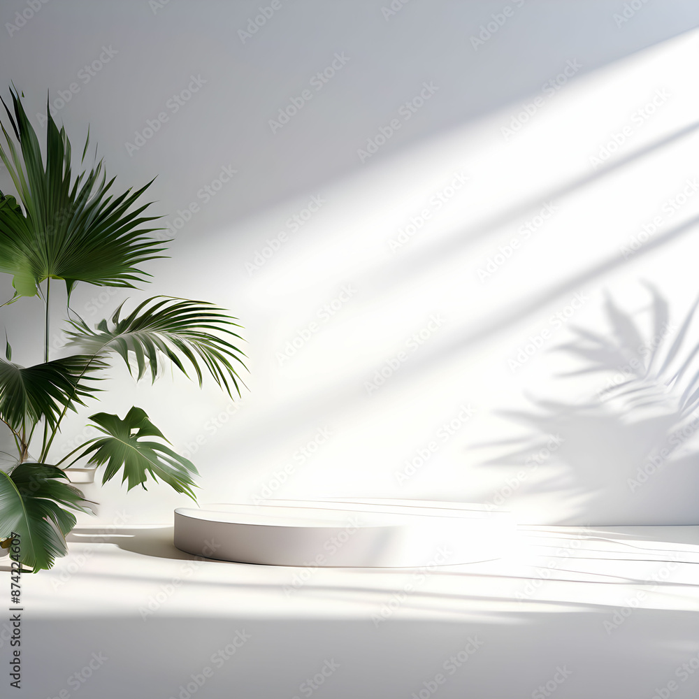 product showcase background,White Wall and Floor with Potted Palm Tree and Sunlight from a Window,GenerativeAI product showcase background,White Wall and Floor with Potted Palm Tree and Sunlight from a Window,GenerativeAI