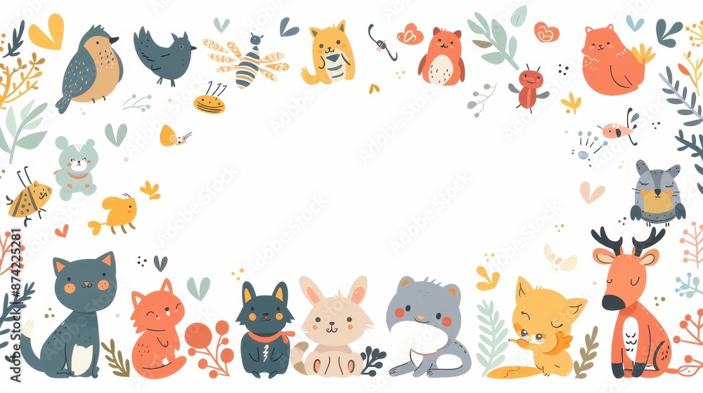 Adorable animal border illustration with forest creatures, birds, and insects in whimsical cartoon style, perfect for children's designs, invitations, and greeting cards, with empty white space in the Adorable animal border illustration with forest creatures, birds, and insects in whimsical cartoon style, perfect for children's designs, invitations, and greeting cards, with empty white space in the