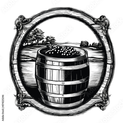 Barrel with Wheat and Grapes in Old Engrave Style