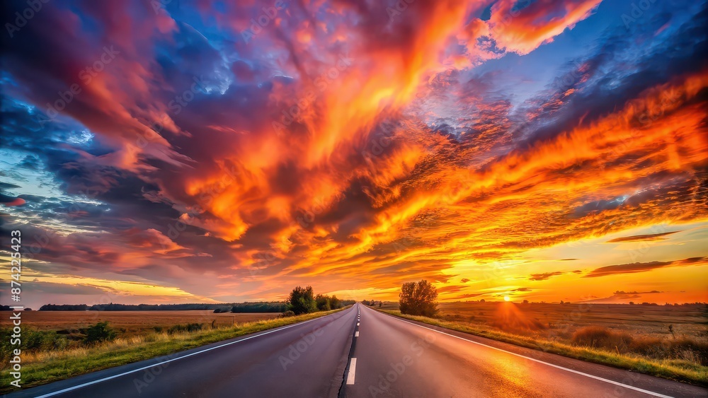 Vibrant sunset sky casting warm hues over the road , sunset, sky, road, evening, warm, colors, nature, landscape, transportation Vibrant sunset sky casting warm hues over the road , sunset, sky, road, evening, warm, colors, nature, landscape, transportation