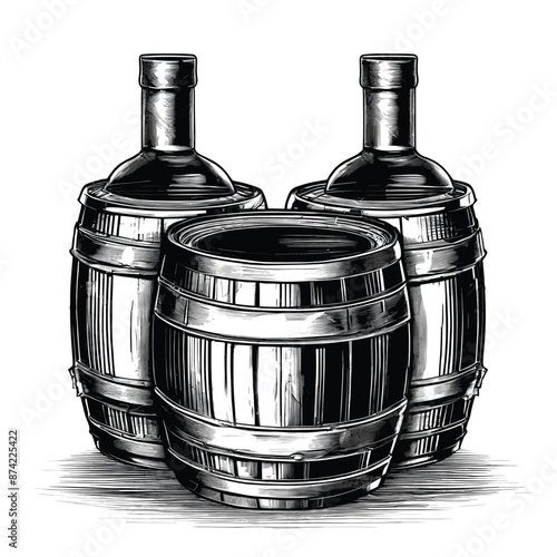 Barrel with Bottles in Old Engrave Style