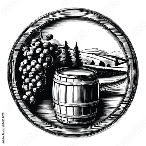 Barrel by the River in Old Engrave Style