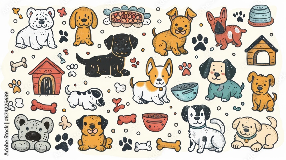 Fototapeta premium Cute cartoon dogs and pet accessories including dog houses, bones, and food bowls, ideal for animal lovers and pet-themed designs. 