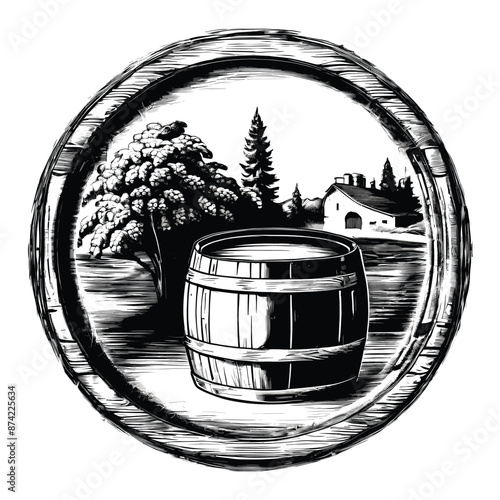 Barrel in the Countryside in Old Engrave Style