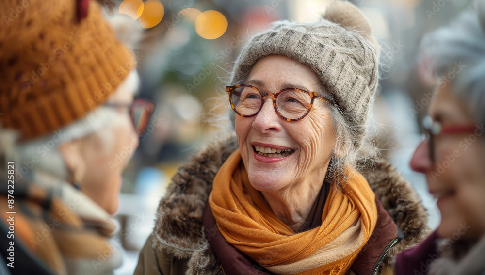 Group of happy elderly friends laughing and talking outdoors in winter clothing Group of happy elderly friends laughing and talking outdoors in winter clothing
