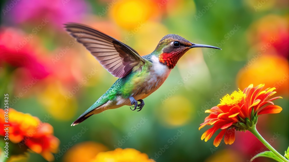 Obraz premium Vibrant photo of a hummingbird hovering near a colorful flower, wildlife, bird, nature, vibrant, colors, feathers