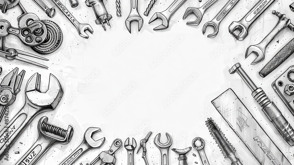Fototapeta premium Assorted metal wrenches and hand tools on a white background, comprehensive collection featuring spanners, adjustable wrenches, pliers, and bolts for repair, maintenance, and DIY projects