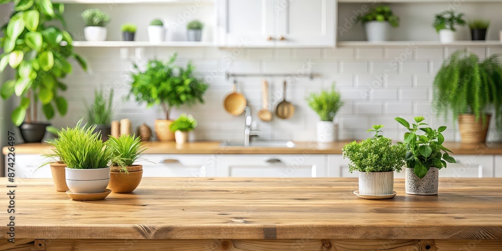 Wood table top with green plants on blur kitchen counter background, wood, table, top, green, plants, kitchen, counter, room Wood table top with green plants on blur kitchen counter background, wood, table, top, green, plants, kitchen, counter, room