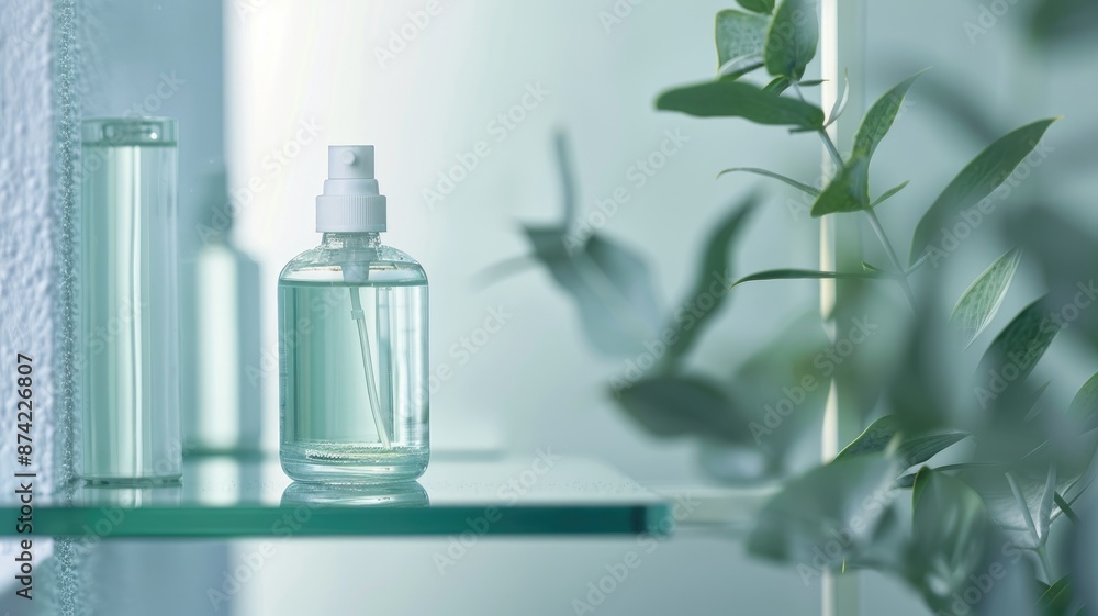 Clear spray bottle with liquid on glass shelf near green leaves Clear spray bottle with liquid on glass shelf near green leaves