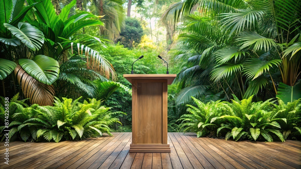 Wooden podium with microphone in outdoor tropical garden setting surrounded by lush green plants, podium, wooden, outdoor, tropical Wooden podium with microphone in outdoor tropical garden setting surrounded by lush green plants, podium, wooden, outdoor, tropical