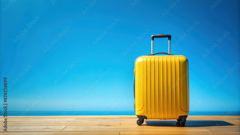 Yellow suitcase on blue surface with blue sky in background, travel, luggage, suitcase, yellow, blue, sky, vacation Yellow suitcase on blue surface with blue sky in background, travel, luggage, suitcase, yellow, blue, sky, vacation