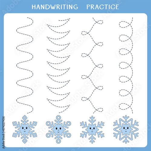 Vector handwriting practice sheet with flying snowflakes for kids