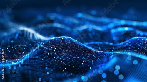 Abstract blue background featuring a flowing wave of dots and interwoven lines, symbolizing the intricate network of big data and cyberspace