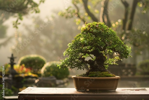 Beautiful bonsai tree showcasing intricate details and serene beauty. Perfect for themes of nature, tranquility, and artful gardening. photo