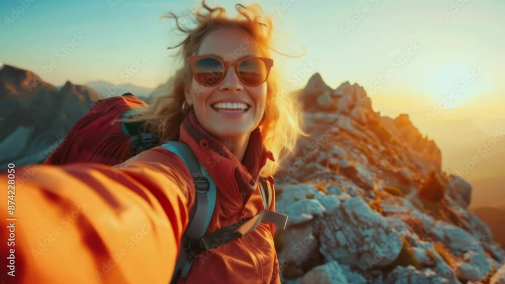 Woman standing on the summit of a mountain and taking a selfie, smiling, and enjoying her achievements. Adventure, hiking. Perseverance, endurance, achievements Woman standing on the summit of a mountain and taking a selfie, smiling, and enjoying her achievements. Adventure, hiking. Perseverance, endurance, achievements