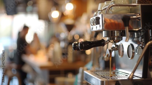 Cafe Interior Harmony: A Close-Up View of a Coffee Machine with Blurred Coffee Drinkers in the Background © Ben