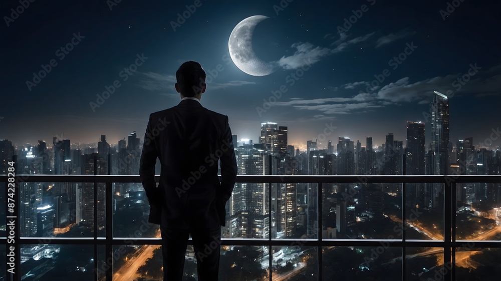 Businessman looking and enjoying the night view from balcony with busy urban downtown with loneliness for solitude, business, inspiration and dreaming of freedom lifestyle concept Businessman looking and enjoying the night view from balcony with busy urban downtown with loneliness for solitude, business, inspiration and dreaming of freedom lifestyle concept