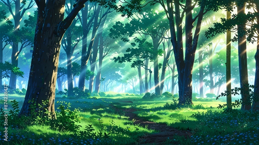 Forest scene with trees and paths in fantasy or anime style Forest scene with trees and paths in fantasy or anime style