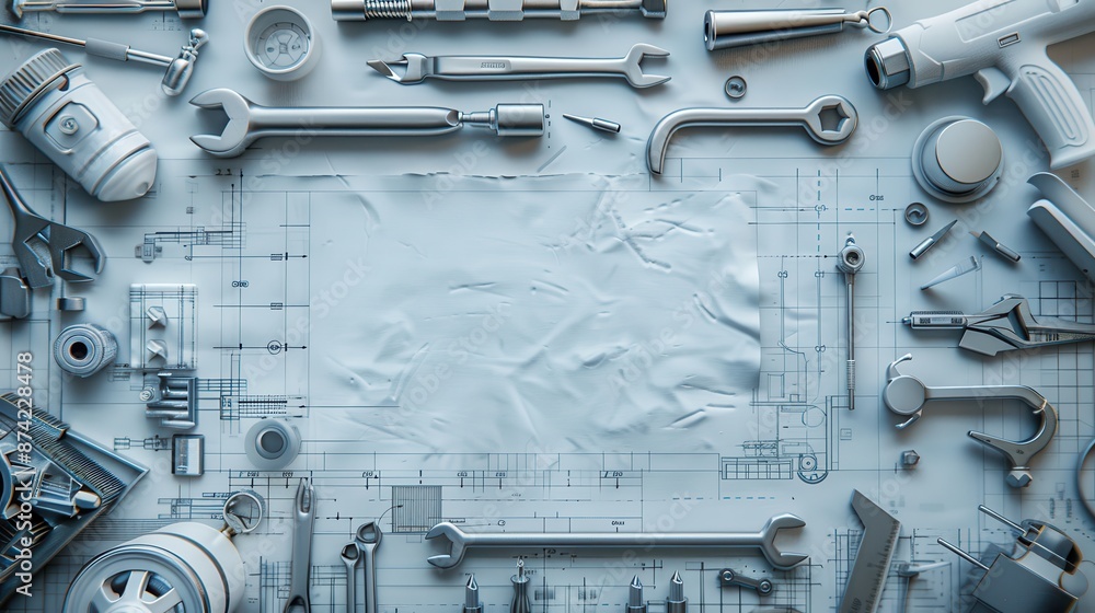 Fototapeta premium Assorted Mechanical Tools on Technical Blueprint with Crumpled Paper - Wrenches, Bolts, and Nuts for Industrial and DIY Projects - High-Resolution Image of Precision Repair Equipment and Instruments