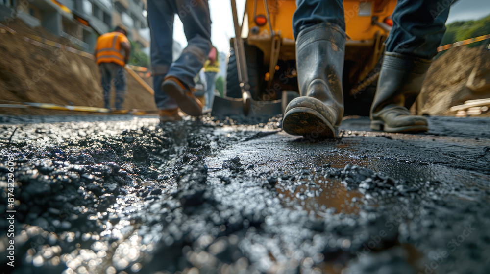 Road Construction Workers Smoothing Hot Asphalt Road Construction Workers Smoothing Hot Asphalt