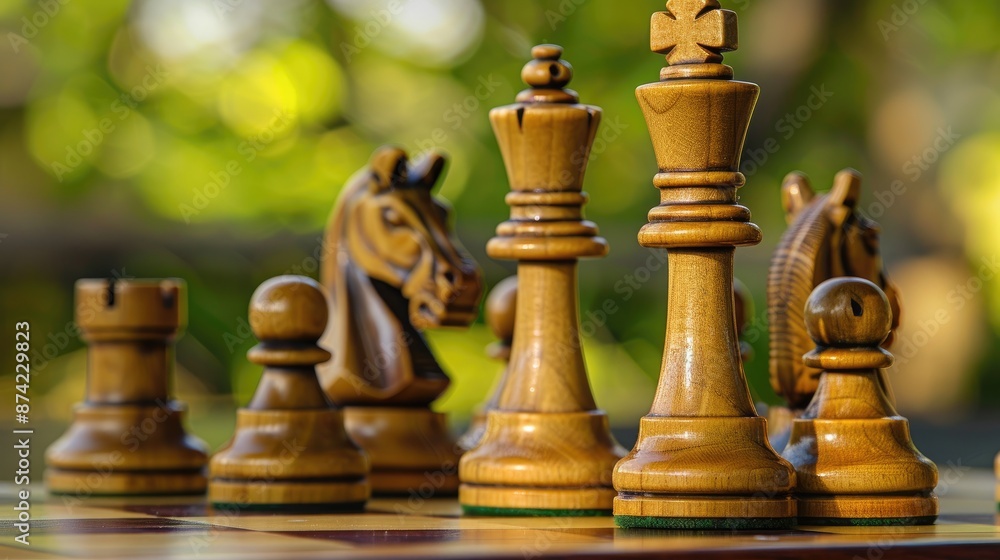 Chess pieces set up on a board, illustrating the strategy and intellect of chess as a sport. Chess pieces set up on a board, illustrating the strategy and intellect of chess as a sport.