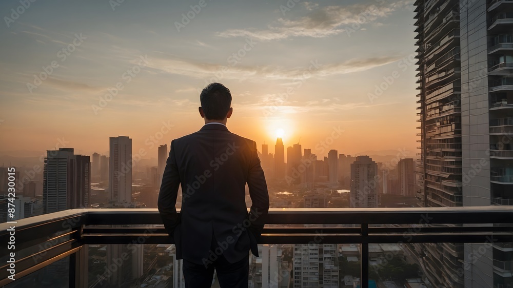 Businessman looking and enjoying the sunset view from balcony with busy urban downtown with loneliness for solitude, business, inspiration and dreaming of freedom lifestyle concept. AI Generative. Businessman looking and enjoying the sunset view from balcony with busy urban downtown with loneliness for solitude, business, inspiration and dreaming of freedom lifestyle concept. AI Generative.