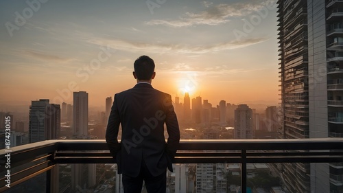 Businessman looking and enjoying the sunset view from balcony with busy urban downtown with loneliness for solitude, business, inspiration and dreaming of freedom lifestyle concept. AI Generative.