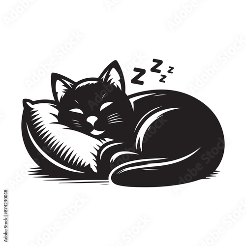 A Cat Sleeping with Pillow vector. Sleeping cat. Silhouettes of black cats. Vector illustration