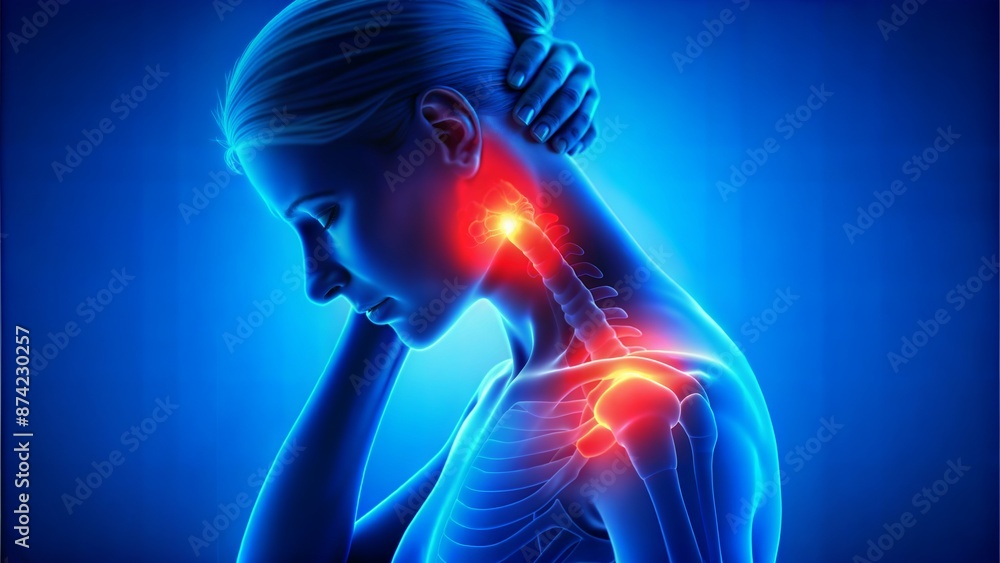 Human Neck and Shoulder Pain Illustration on Blue Background Human Neck and Shoulder Pain Illustration on Blue Background