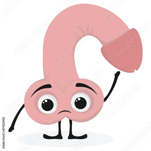 Penis dysfunction erectile character. Genitals, reproduction, erection in cartoon style. Cute face cock dysfunction icon on white background.