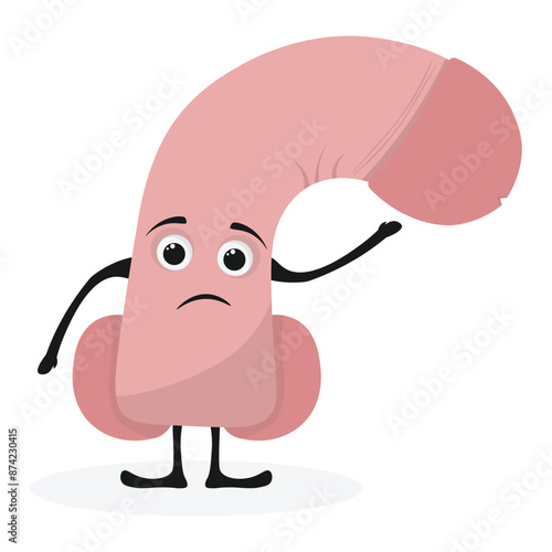 Penis dysfunction erectile character. Genitals, reproduction, erection in cartoon style. Cute face cock dysfunction icon on white background.