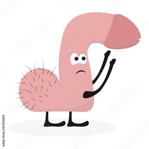 Penis dysfunction erectile character. Genitals, reproduction, erection in cartoon style. Cute face cock dysfunction icon on white background.