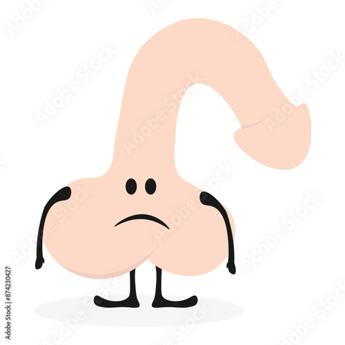 Penis dysfunction erectile character. Genitals, reproduction, erection in cartoon style. Cute face cock dysfunction icon on white background.