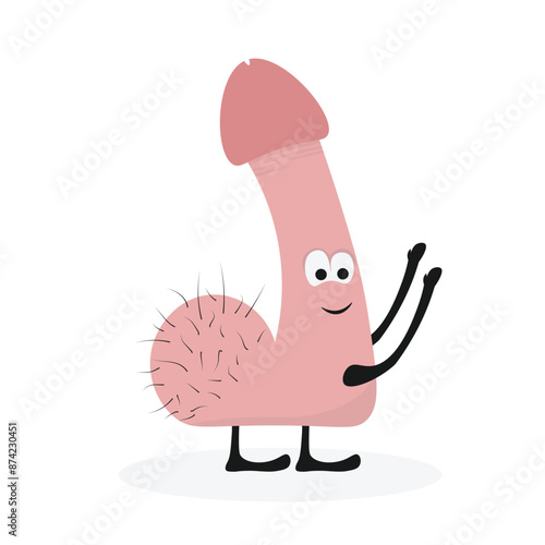 Funny cute Penis character. Genitals, reproduction, erection in cartoon style. Cute face man. Vector illustration icon on white background.