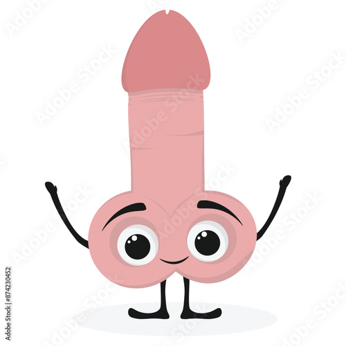 Cartoon Penis character. Genitals, reproduction, erection in cartoon style. Cute face man. Vector illustration icon on white background.