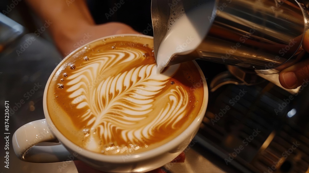 Barista pouring steamed milk into a cup of coffee, creating latte art. Barista pouring steamed milk into a cup of coffee, creating latte art.