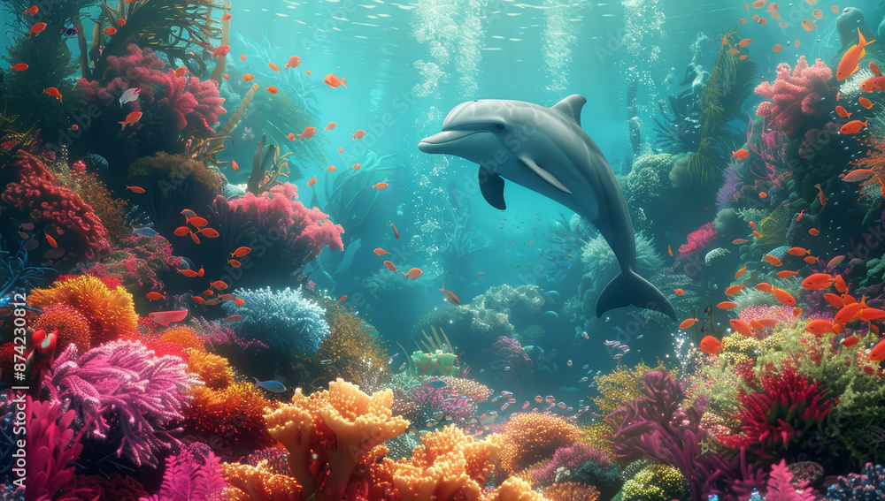 Fototapeta premium Underwater scene with colorful coral reef and swimming dolphin in vibrant ocean