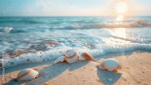 Tranquil beach with gentle waves, person collecting shells, ocean calmness photo