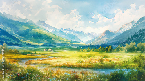 A vibrant watercolor landscape of a lush green valley with a winding river and distant mountains, Generative AI