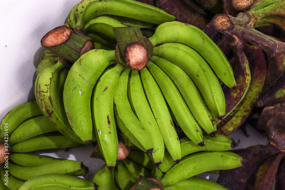 A stack of unripe Ambon and Horn bananas, freshly harvested from the plantation fields, waiting to ripen A stack of unripe Ambon and Horn bananas, freshly harvested from the plantation fields, waiting to ripen