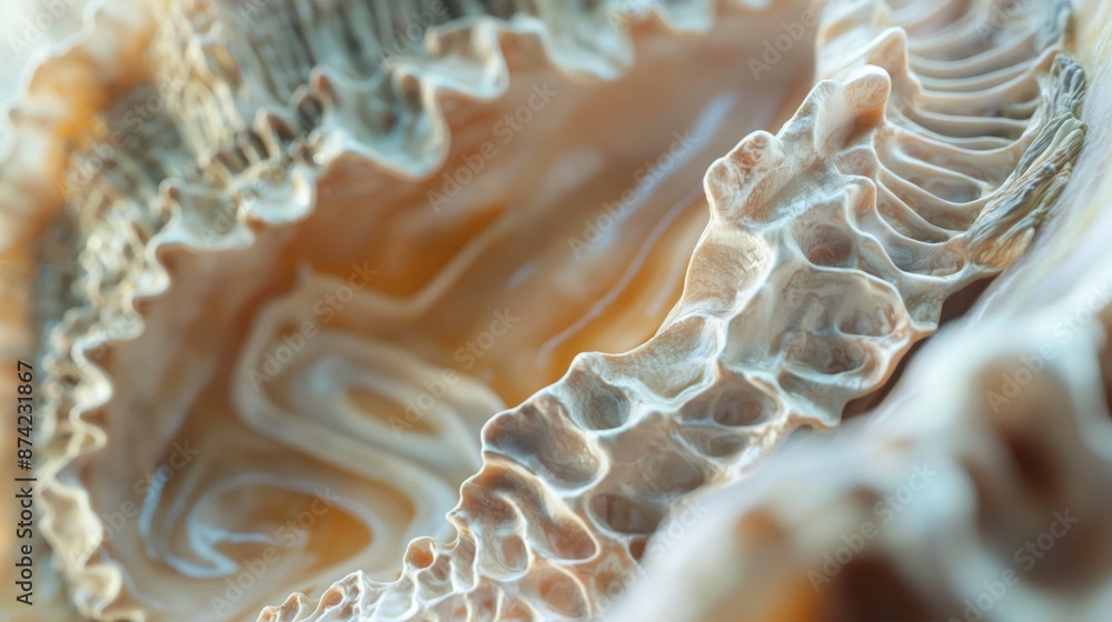 A macro shot of a seashell's intricate patterns, showcasing beige and cream wavy textures. A macro shot of a seashell's intricate patterns, showcasing beige and cream wavy textures.