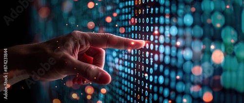 Someone's index finger is pointing at a high-tech screen with flashing blue and red colors