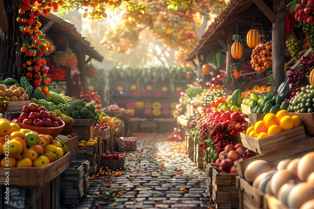 Vibrant autumn farmer's market with fresh fruits and vegetables in rustic wooden crates, bathed in warm sunlight. Vibrant autumn farmer's market with fresh fruits and vegetables in rustic wooden crates, bathed in warm sunlight.