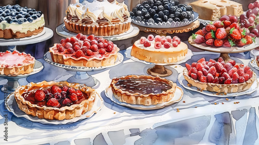 A delightful assortment of various fruit tarts and desserts on display at a market stall. Perfect for evoking sweet moments and delicious indulgence. A delightful assortment of various fruit tarts and desserts on display at a market stall. Perfect for evoking sweet moments and delicious indulgence.