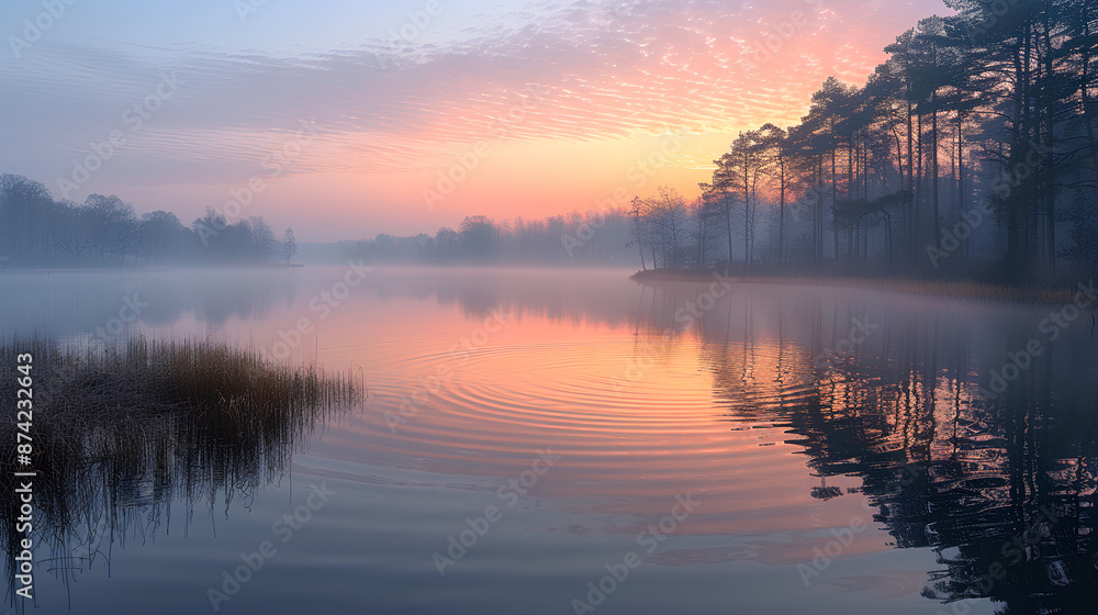 A serene lake at dawn, A serene lake at dawn,
