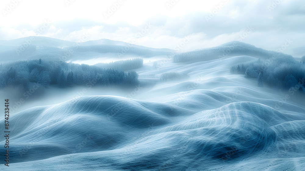 a winter valley covered in thick fog a winter valley covered in thick fog