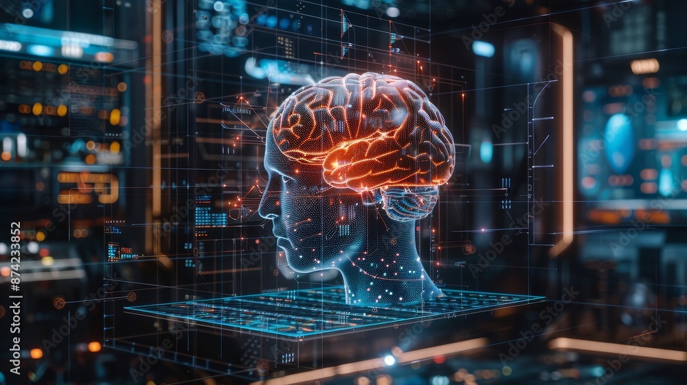 Holographic brain-computer interface in action, advanced neural holography, seamless human-tech integration Holographic brain-computer interface in action, advanced neural holography, seamless human-tech integration